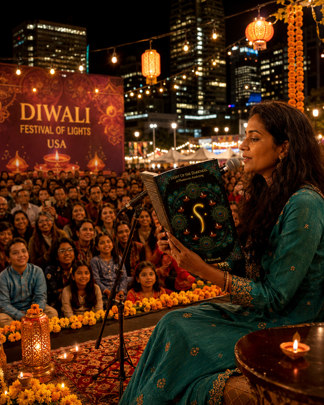 A reader sharing Light Up The Darkness during a Diwali gathering